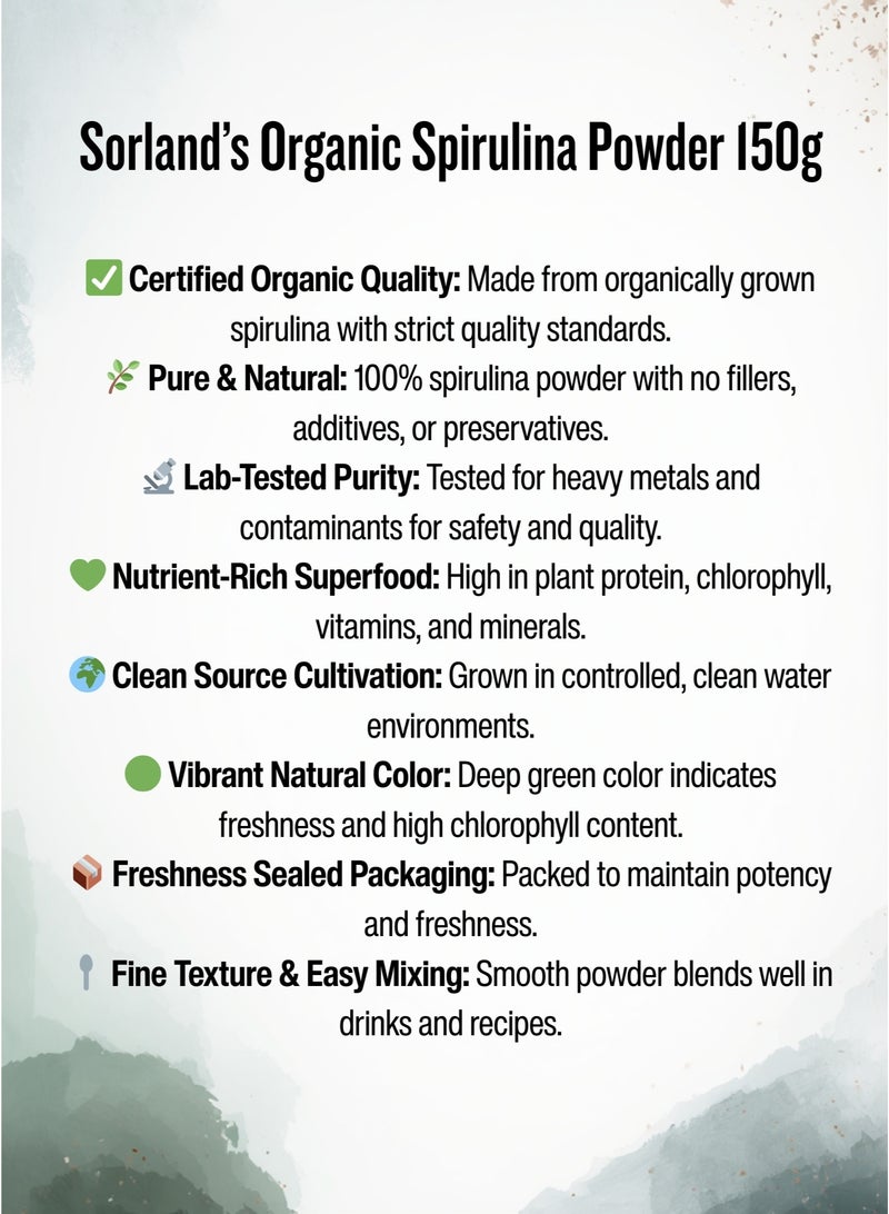 Sorland's Pure Organic Spirulina Powder -150 Grams Complete Natural Superfood( Premium Quality Certified Organic) - Image 2